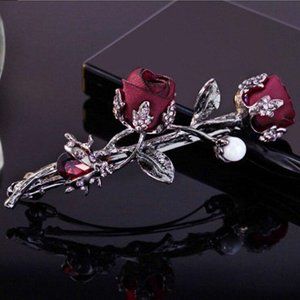 Deep Red Petite Silk Roses Hair Barrette - Hair Clip with Pearl & Garnet Crystal